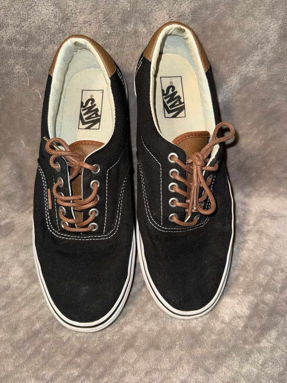 Vans Era 59 Black Canvas Skate Shoes with Brown Leather Heel Detail Mens Sz 10.5